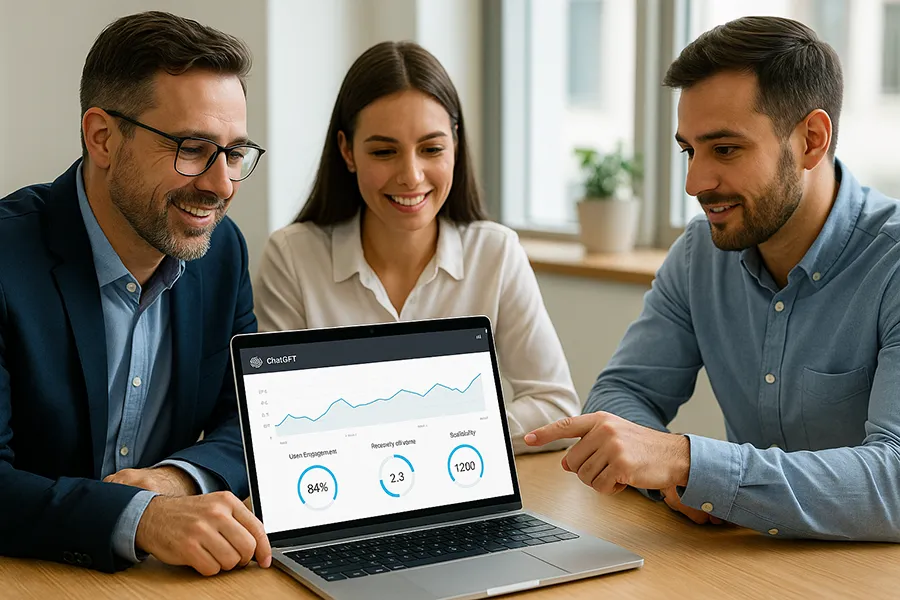 IT manager collaborating with team on AI dashboard