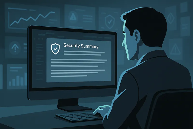 Security analyst reviewing AI-generated summaries on monitor