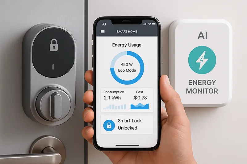 Smart lock and energy monitoring devices managed through mobile AI app