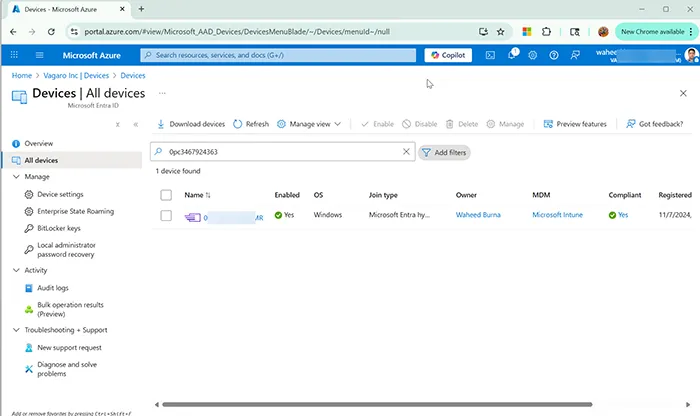 Azure AD showing registered devices