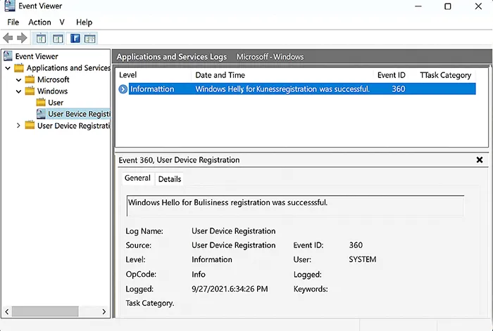 Event Viewer showing Windows Hello registration logs