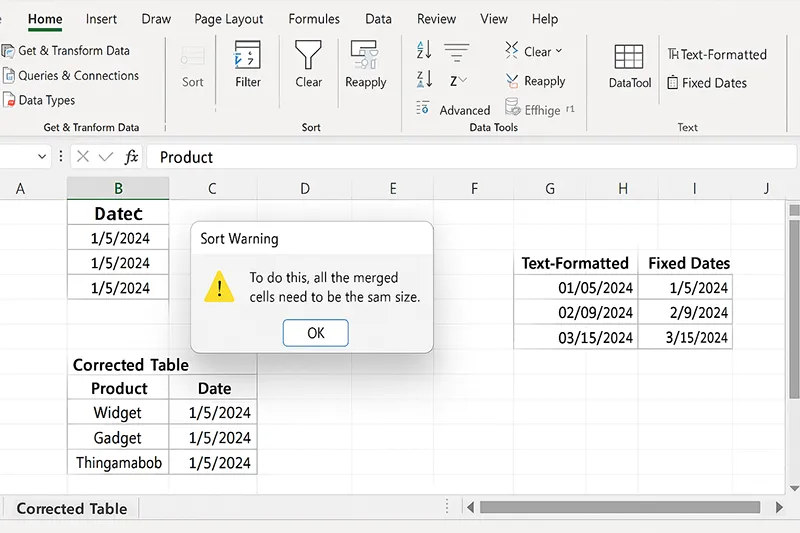 Excel showing merged cell issue and fixed header formatting