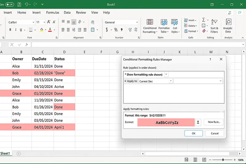 Excel conditional formatting highlighting overdue tasks