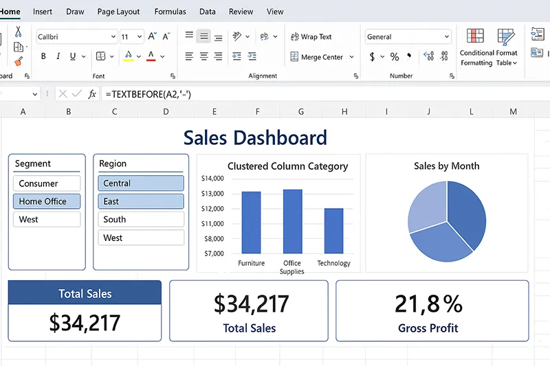 Excel one-page dashboard with slicers and charts