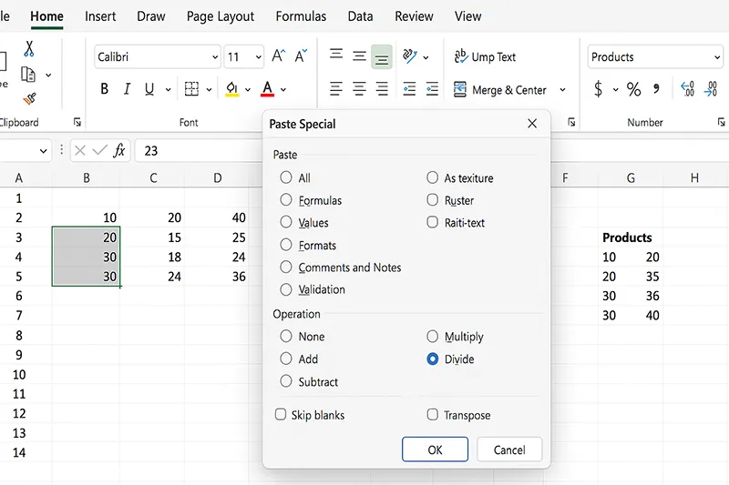 Excel Paste Special options for values and multiply