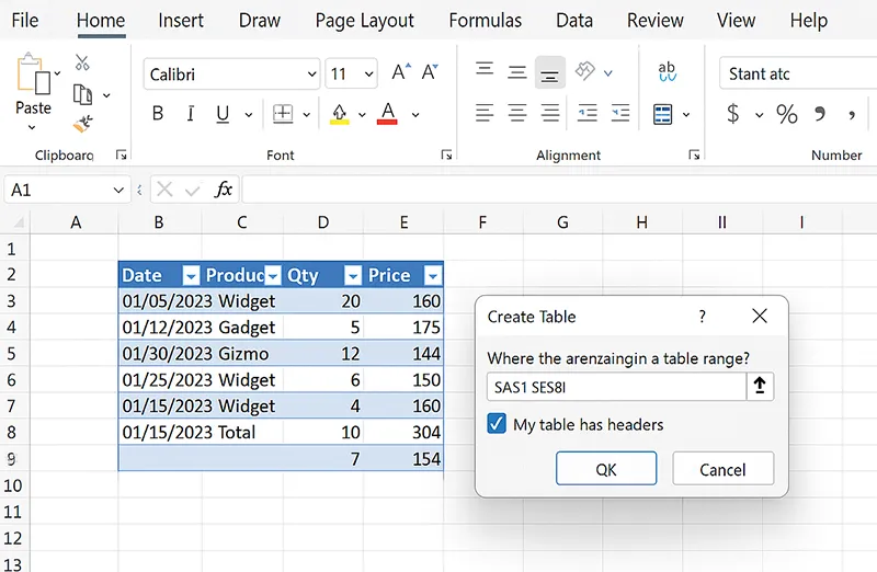 Excel Create Table dialog showing sample sales data formatted as a smart table