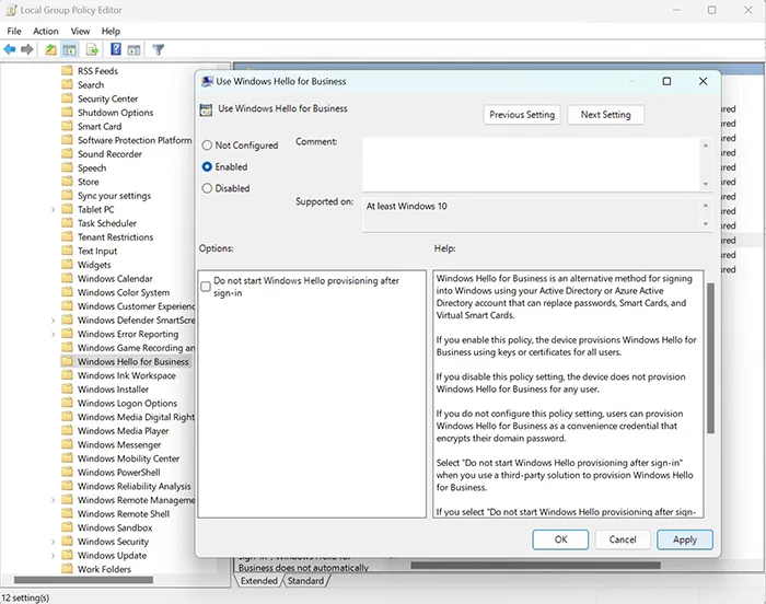 Windows Hello for Business policy enabled in Group Policy Editor