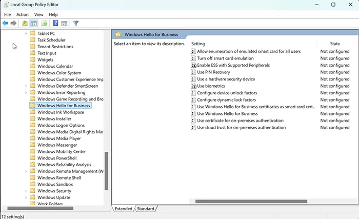 Group Policy Management path for Windows Hello for Business