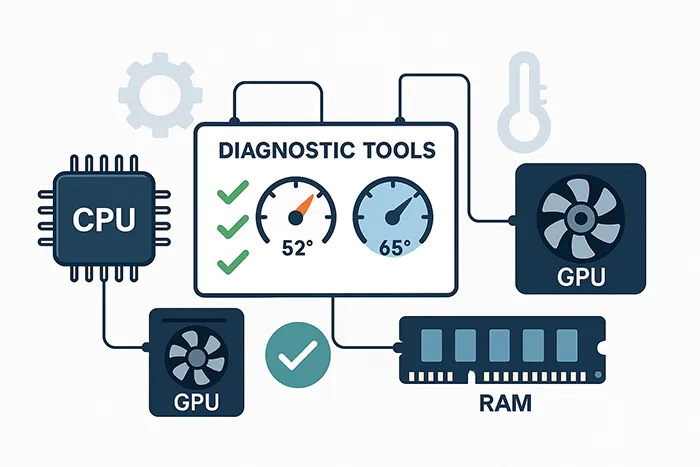 Hardware diagnostic tools showing temperature and health metrics