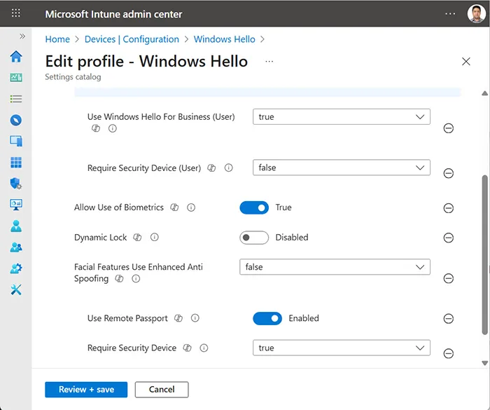 Enable Windows Hello for Business in Intune Identity Protection settings