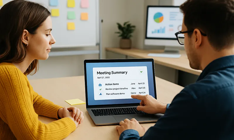 Employees reviewing AI-generated meeting summary with tasks