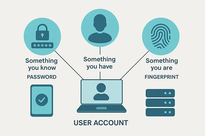 Infographic showing the three factors of multi-factor authentication: knowledge, possession, and inherence.