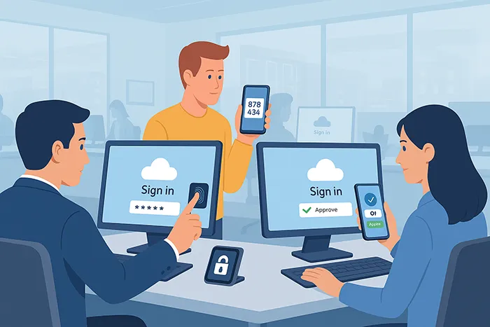 Illustration of employees using MFA verification methods like fingerprint, OTP, and mobile authentication in a secure office environment.