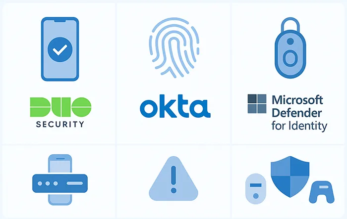 Infographic comparing popular MFA tools such as Duo Security, Okta, and Microsoft Defender for Identity.