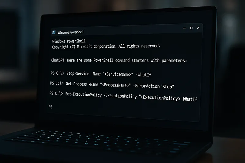 Windows PowerShell console with AI-suggested code