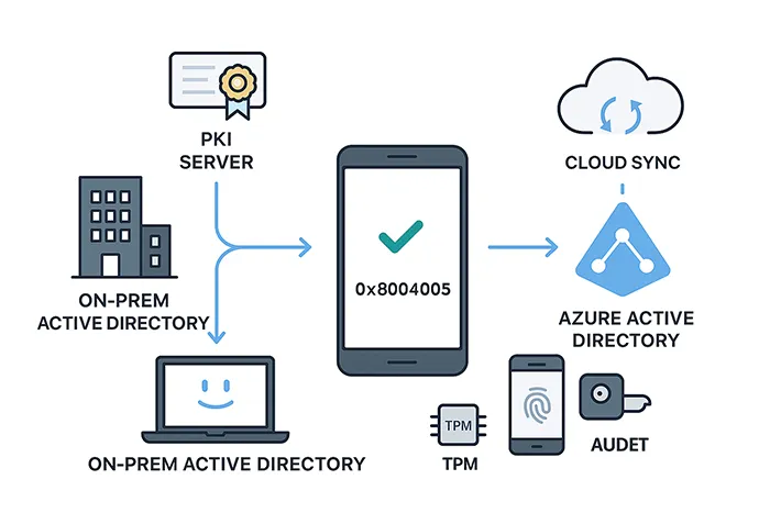 Diagram illustrating Windows Hello for Business hybrid architecture with Azure AD, PKI, and device authentication flow