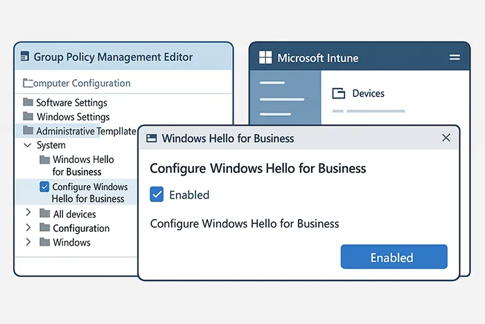 Illustration of Group Policy and Intune configuration for Windows Hello for Business