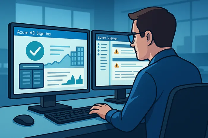 IT administrator monitoring Azure AD and Event Viewer for Windows Hello setup