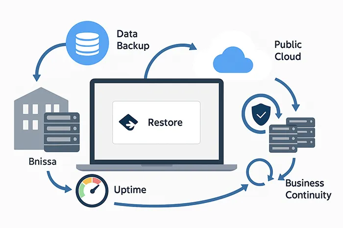 Hybrid cloud disaster recovery and business continuity illustration
