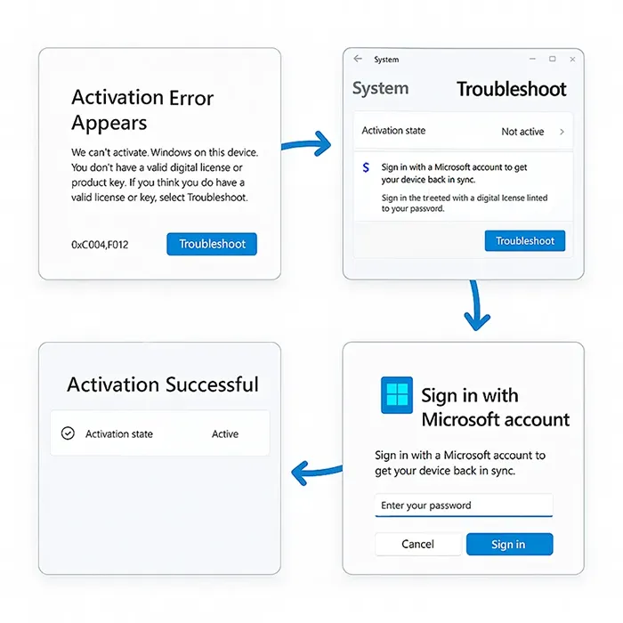 Diagram showing causes and flow of Windows activation error 0xc004f213