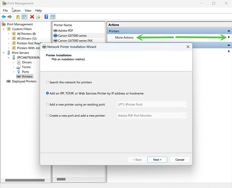 Add Printer wizard in Windows using TCP/IP address