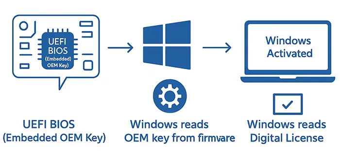 Diagram showing OEM Windows key stored in BIOS or UEFI