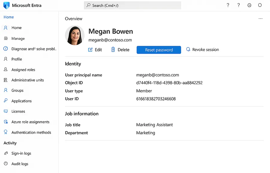 Microsoft Entra ID user reset password panel