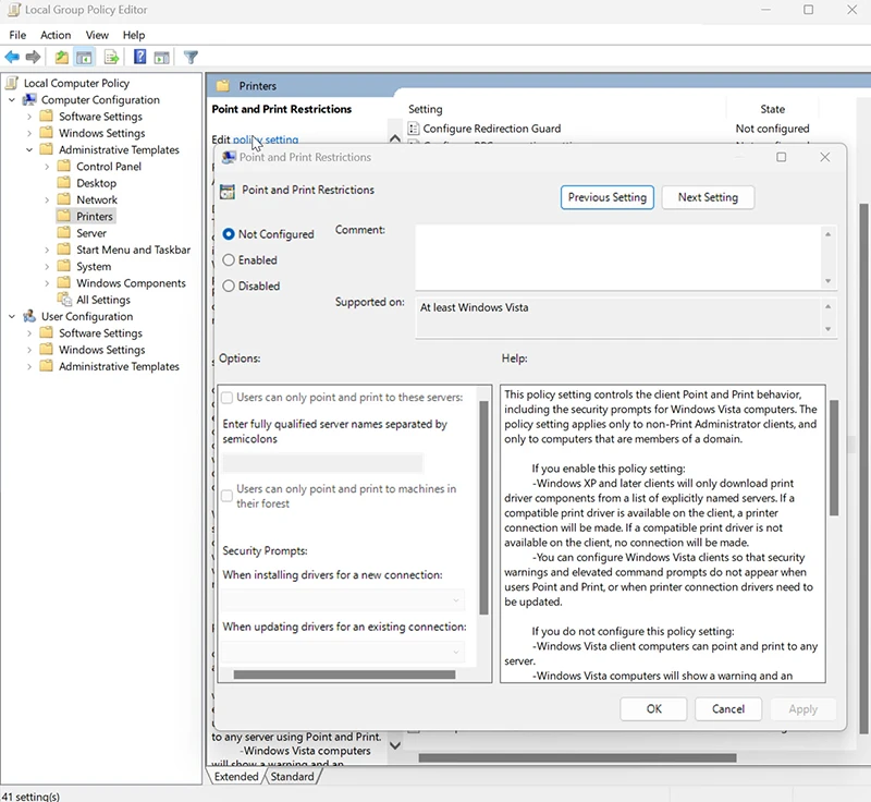 Group Policy Editor showing Point and Print restrictions settings