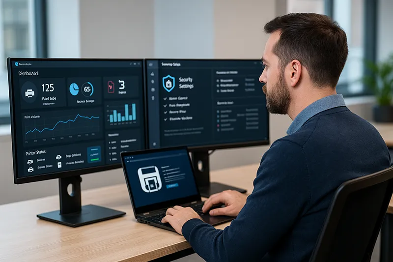 IT admin reviewing printer security and configuration dashboard