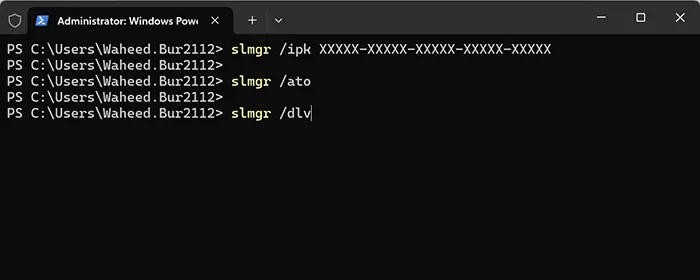 Windows Terminal showing SLMGR activation commands