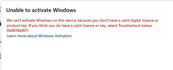 Windows 11 activation error 0xc004f213 message on screen