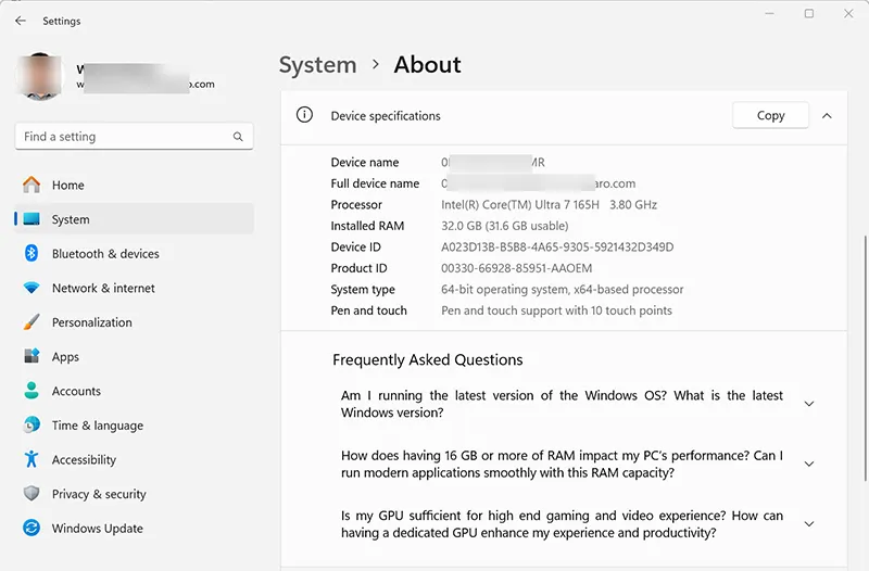Windows 11 About page showing edition and system specifications