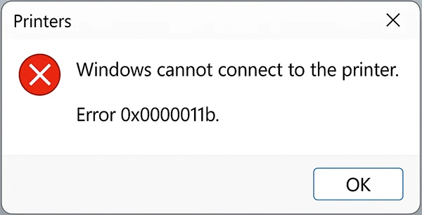 Windows cannot connect to the printer error 0x0000011b dialog