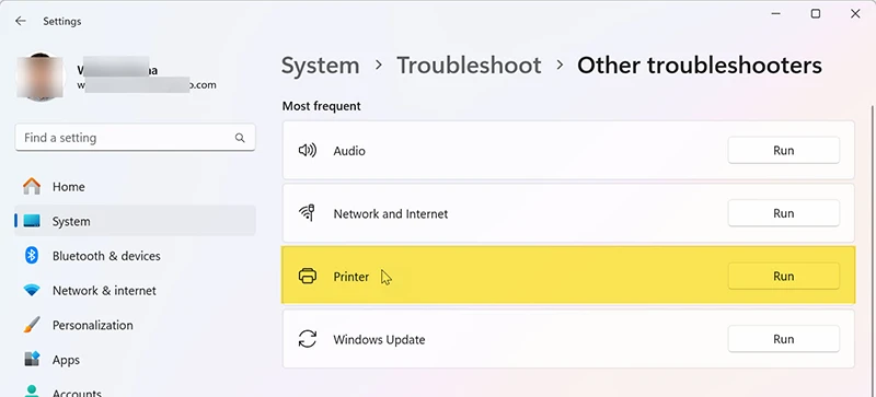 Windows printer troubleshooter screen