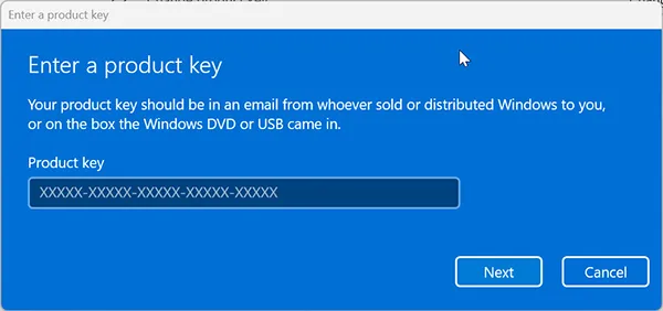 Windows 11 Change product key dialog