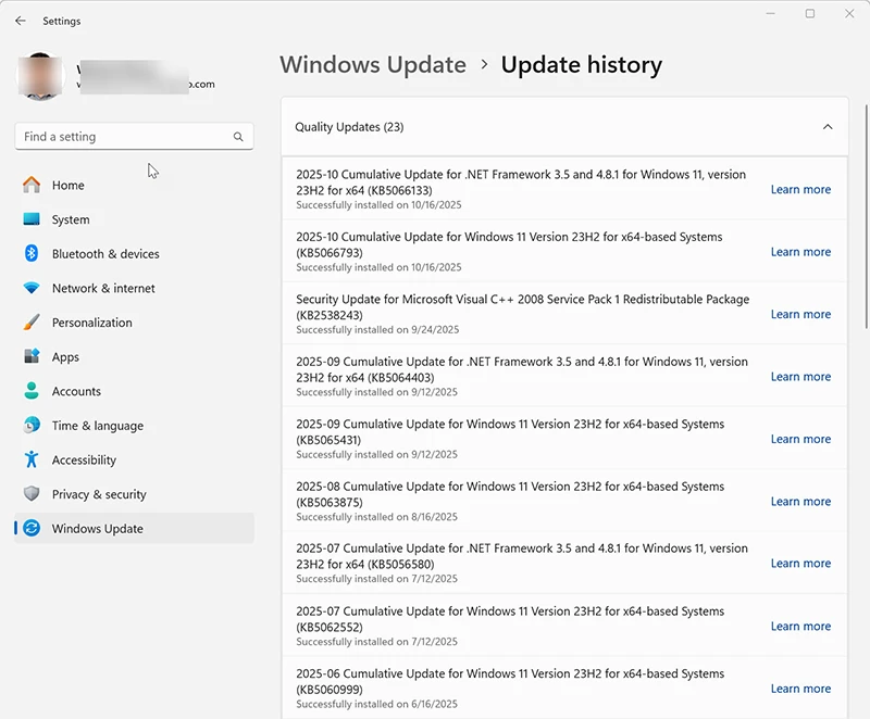 Windows Update history screen showing installed security updates
