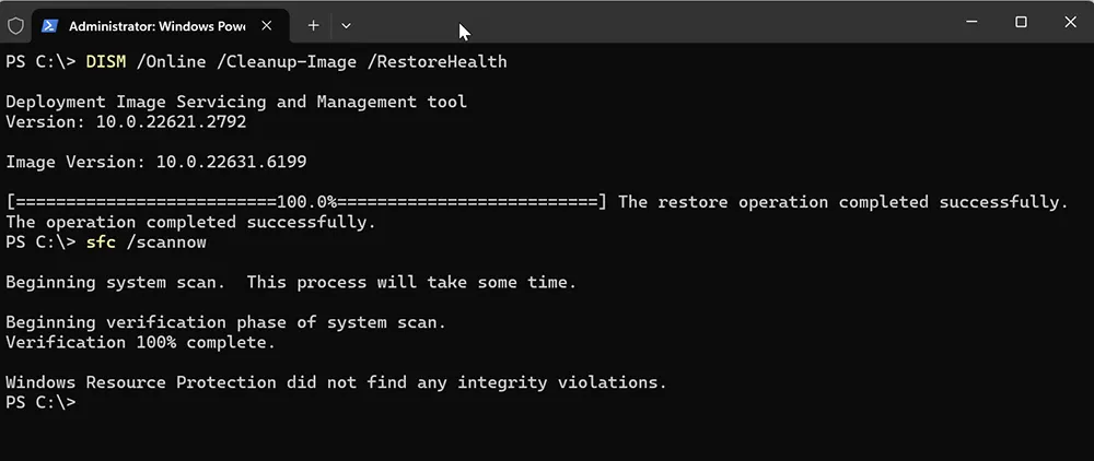 DISM and SFC commands in Windows Terminal