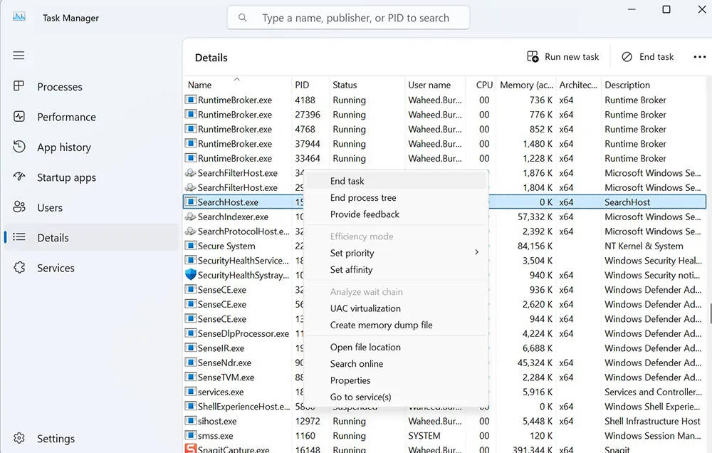 Ending SearchHost.exe process from Task Manager in Windows 11