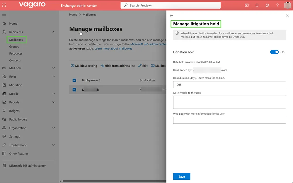 Exchange admin center Manage litigation hold pane showing hold duration and Save button