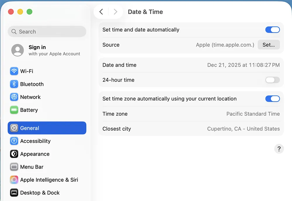 macOS automatic date and time settings
