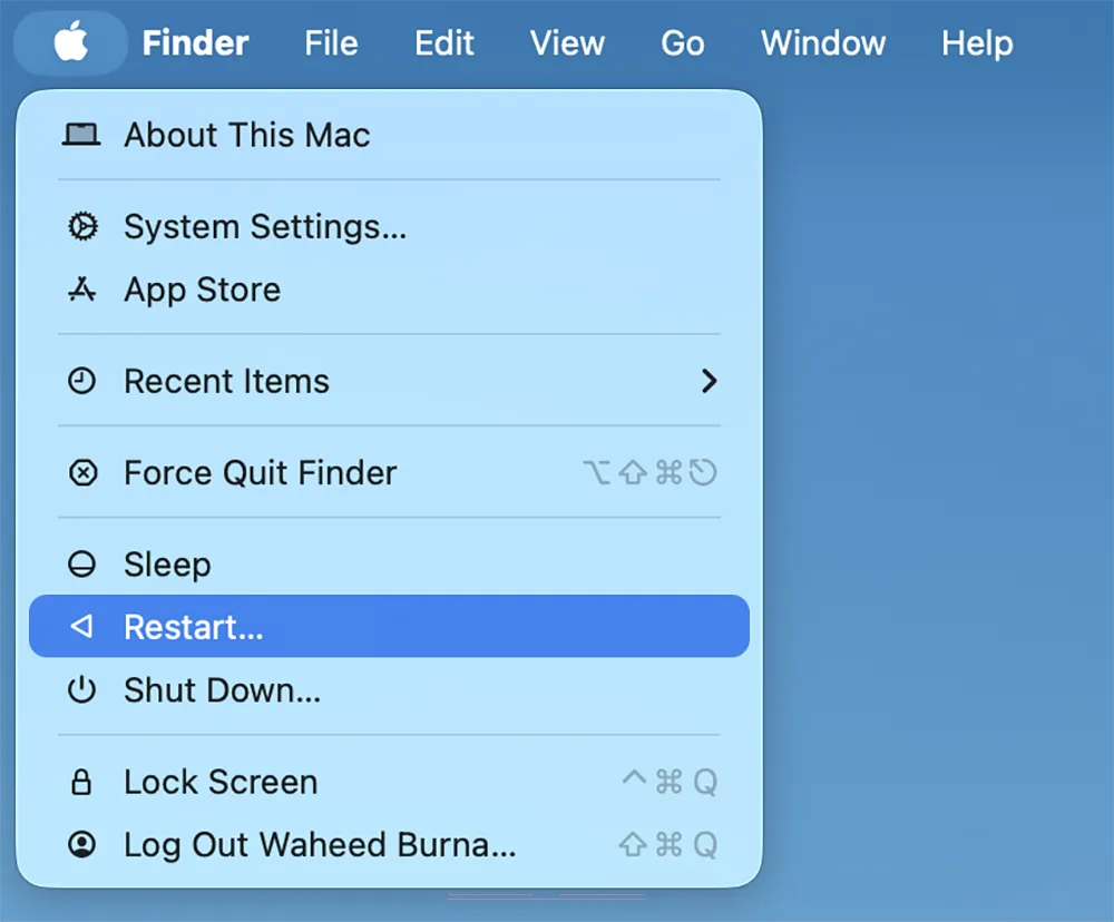 Apple menu showing Restart option on macOS