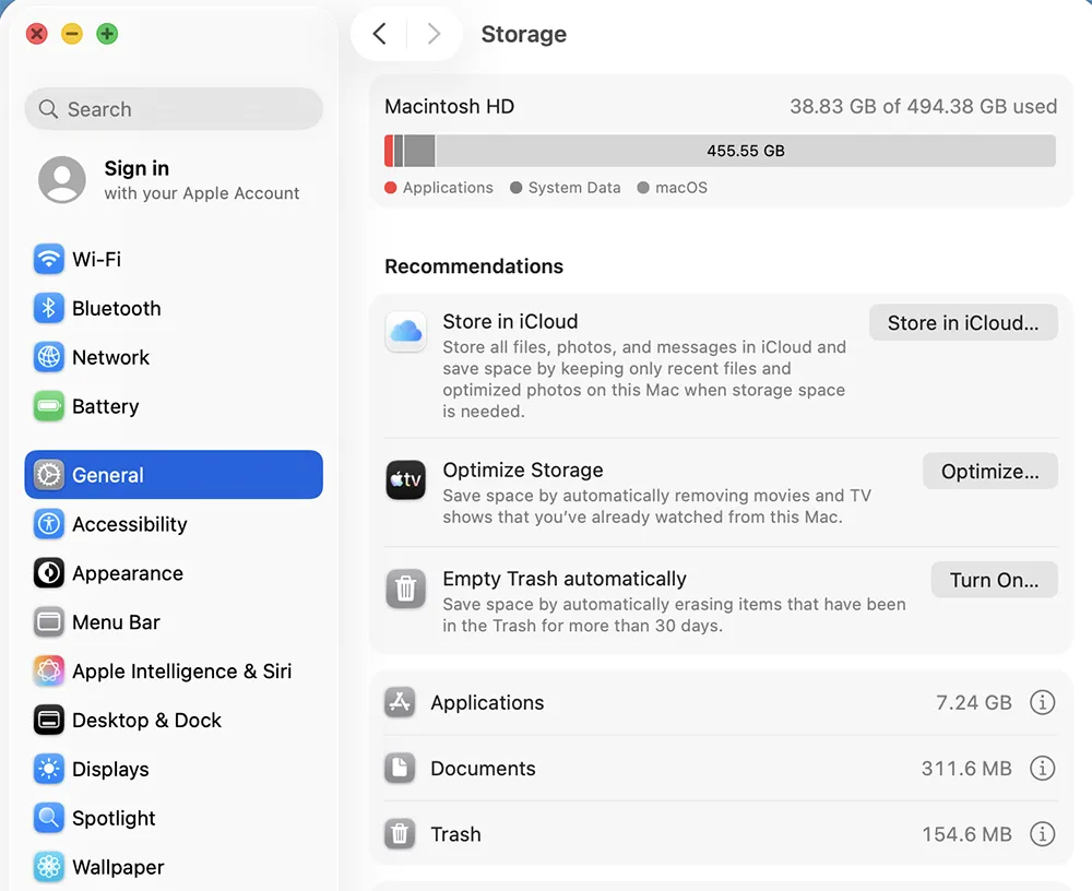 macOS storage space check before installation