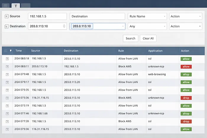PAN-OS traffic logs filtered by source and destination for troubleshooting