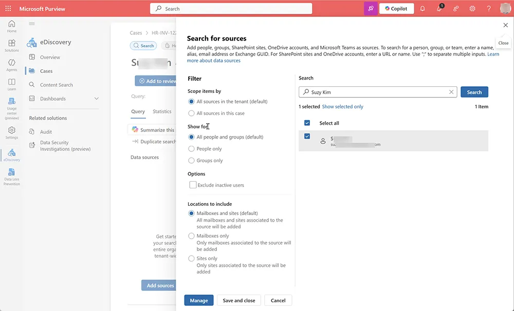 Add sources panel in Microsoft Purview eDiscovery showing user search and location options