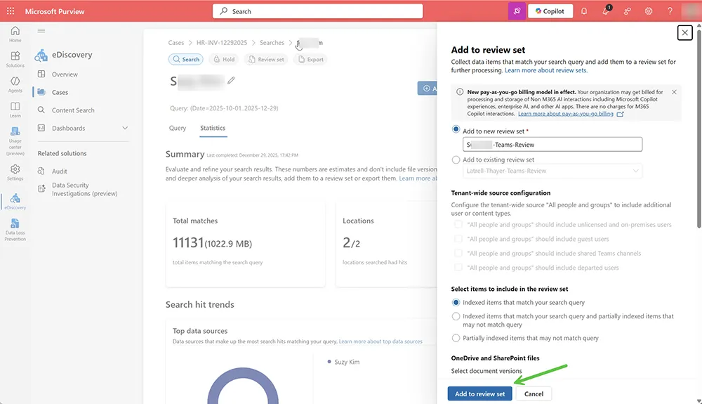 Add to review set dialog in Purview eDiscovery showing new review set name and indexed items selection