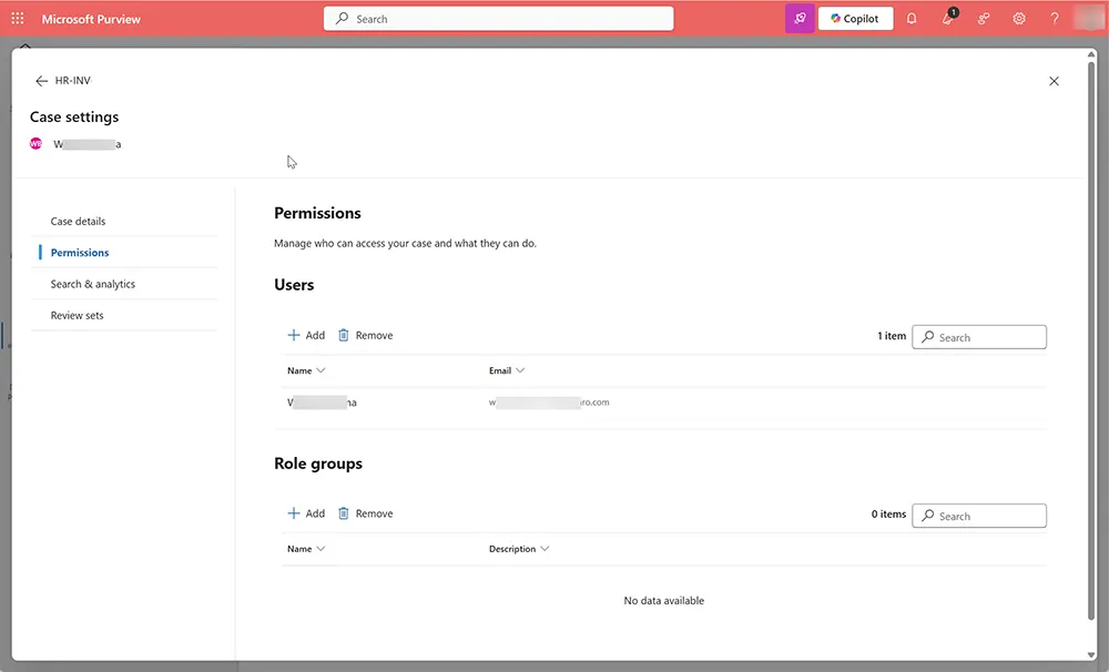 Purview eDiscovery case permissions showing users and role groups