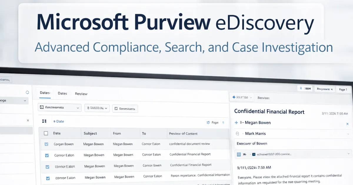 purview-ediscovery Microsoft Purview eDiscovery interface used to investigate deleted email and Teams messages