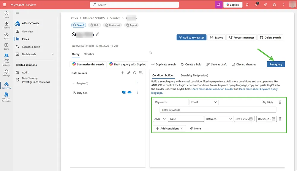 Purview eDiscovery query builder with keyword condition, date range and Run query button