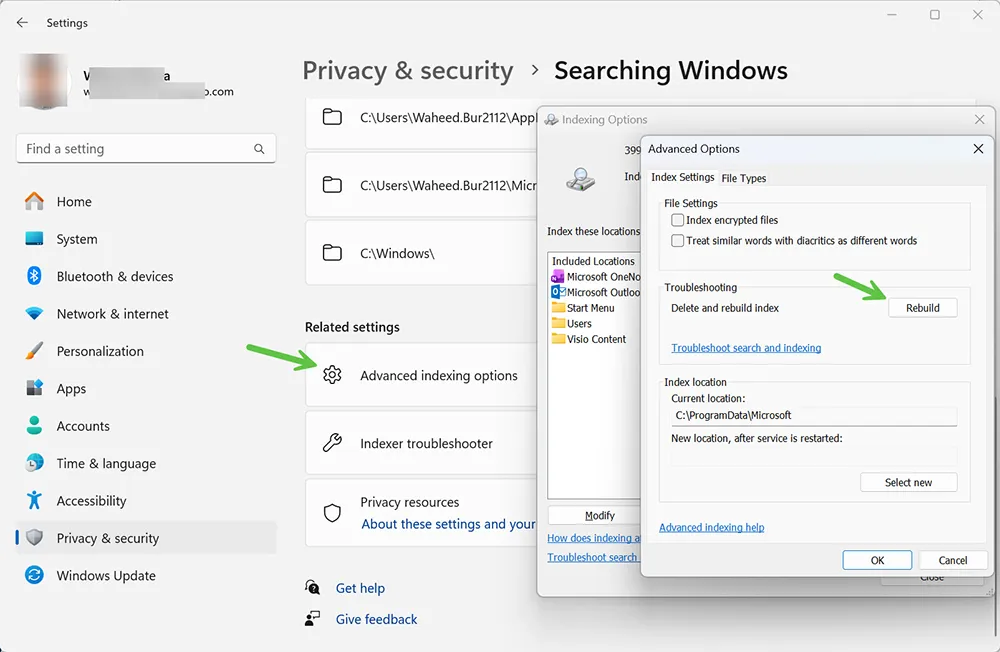 Rebuilding the Windows Search index from Advanced options