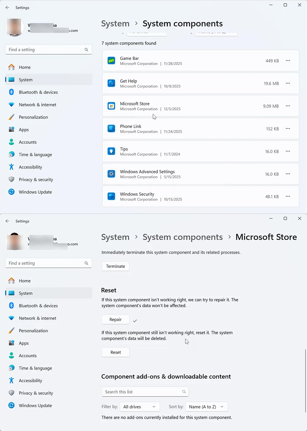 Repair and Reset options for Microsoft Store in Windows 11 Settings
